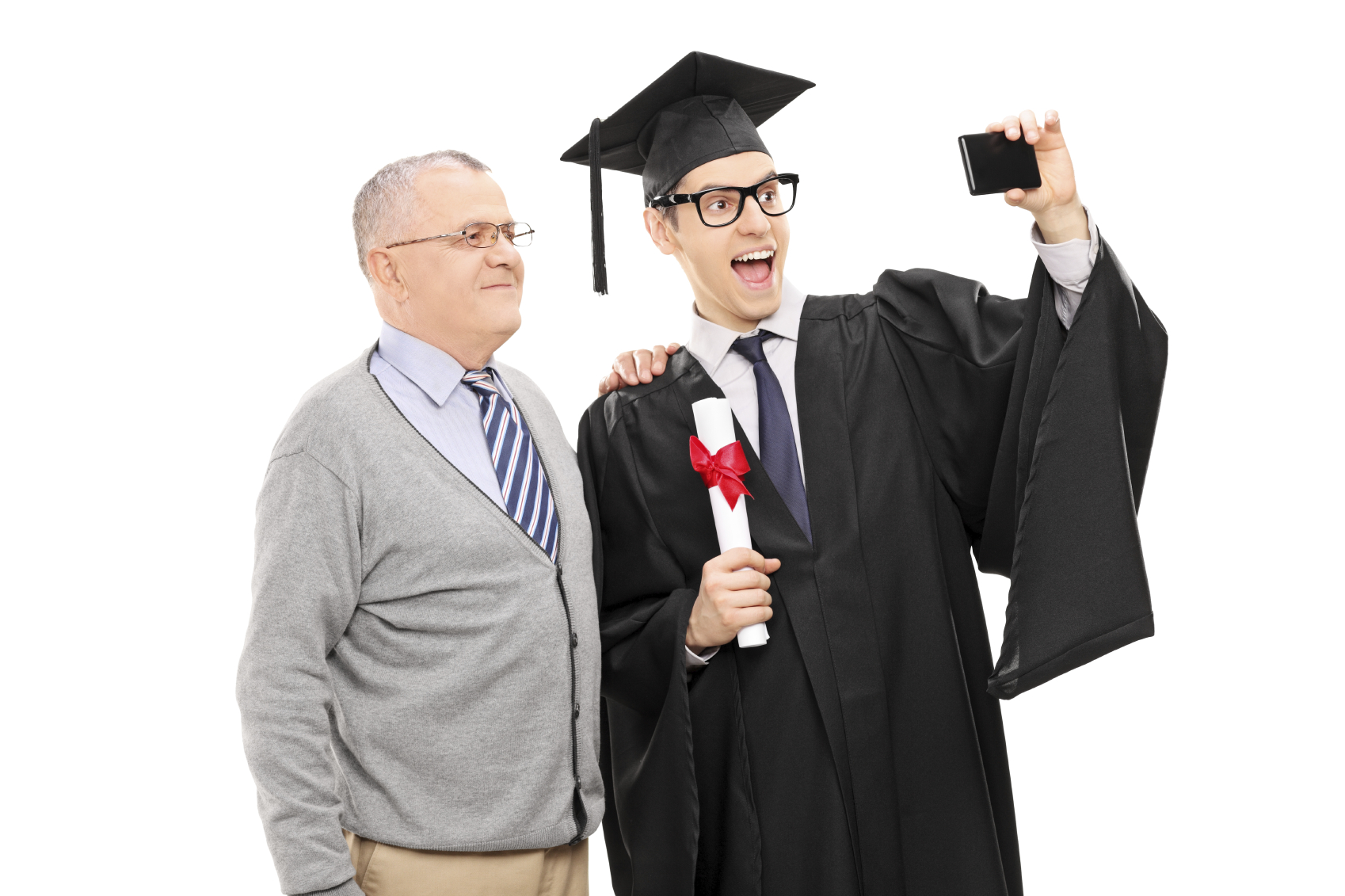 College graduate taking a selfie with his father isolated on white background